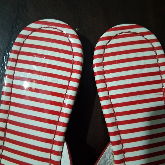 Tory Burch Miller Patent Nautical Striped sandals.