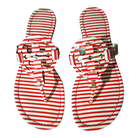 Tory Burch Miller Patent Nautical Striped sandals.