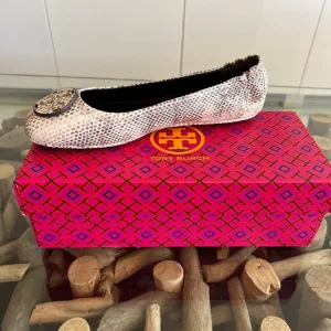 TORY BURCH Minnie Travel Ballet Snake Stamped Leather Logo Shoes