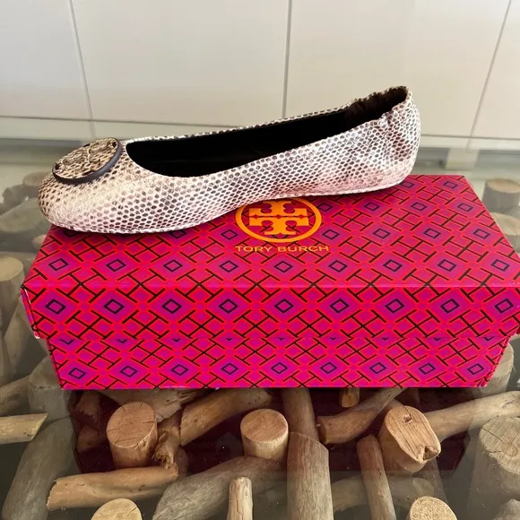 TORY BURCH Minnie Travel Ballet Snake Stamped Leather Logo Shoes