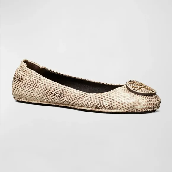 TORY BURCH Minnie Travel Ballet Snake Stamped Leather Logo Shoes