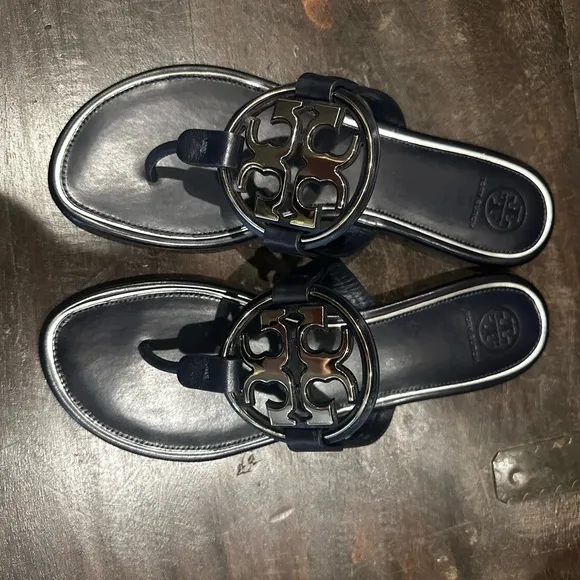 Tory Burch Navy Leather Sandals Metal Miller Logo Silver Sz 10 NIB