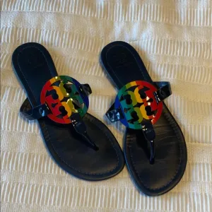 Tory Burch Navy Sandals with Rainbow Logo