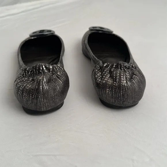 Tory Burch Reva Pewter Metallic Lizard leather gunmetal medallion logo flats