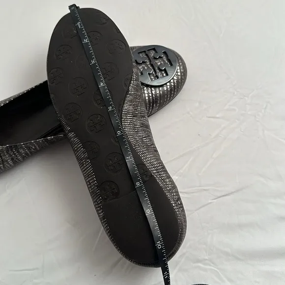 Tory Burch Reva Pewter Metallic Lizard leather gunmetal medallion logo flats