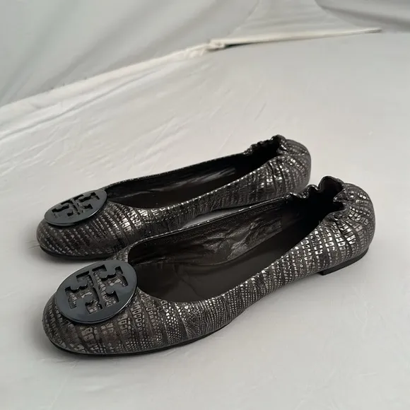 Tory Burch Reva Pewter Metallic Lizard leather gunmetal medallion logo flats