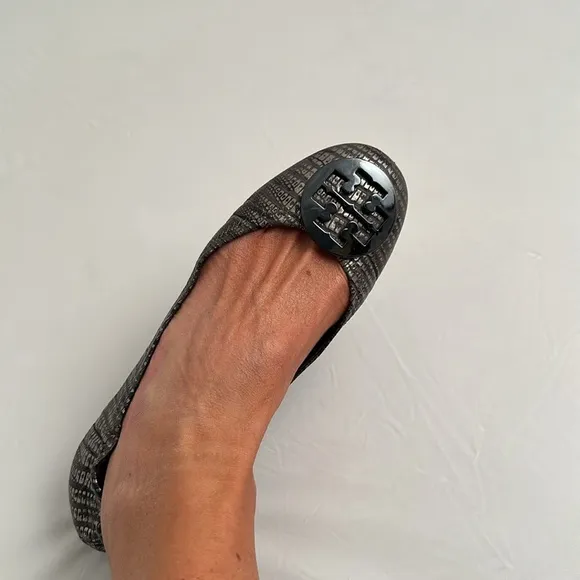 Tory Burch Reva Pewter Metallic Lizard leather gunmetal medallion logo flats