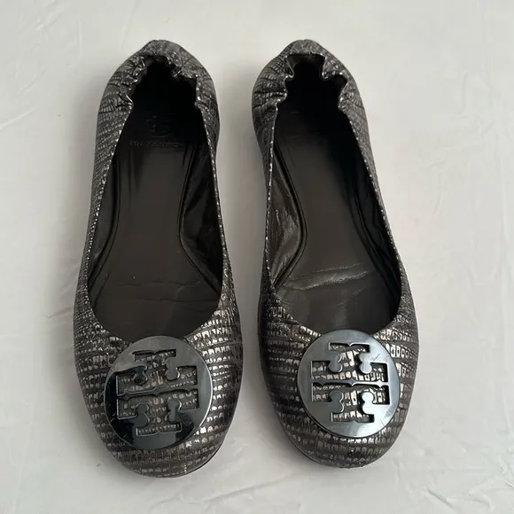 Tory Burch Reva Pewter Metallic Lizard leather gunmetal medallion logo flats