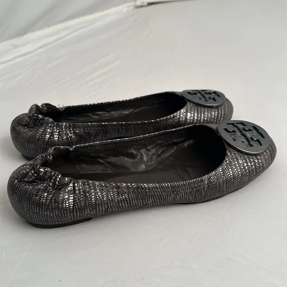 Tory Burch Reva Pewter Metallic Lizard leather gunmetal medallion logo flats