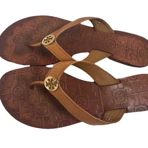 Tory Burch Sandals Leather Flip Flops Camel Tan Size 10