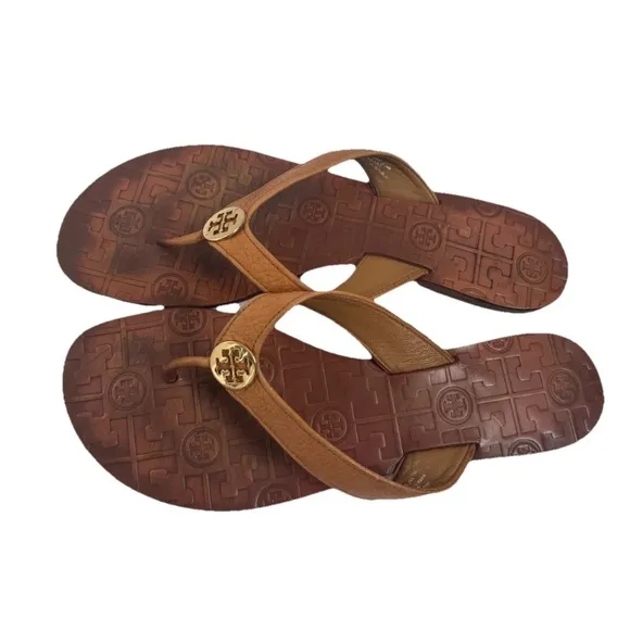 Tory Burch Sandals Leather Flip Flops Camel Tan Size 10