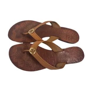 Tory Burch Sandals Leather Flip Flops Camel Tan Size 10