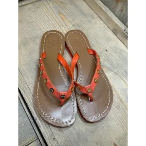 TORY Burch Sandals Womens US6 6.5 Orange Suede Thong Flip Flops Slip On Casual F