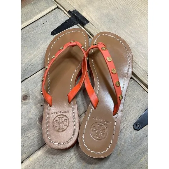 TORY Burch Sandals Womens US6 6.5 Orange Suede Thong Flip Flops Slip On Casual F