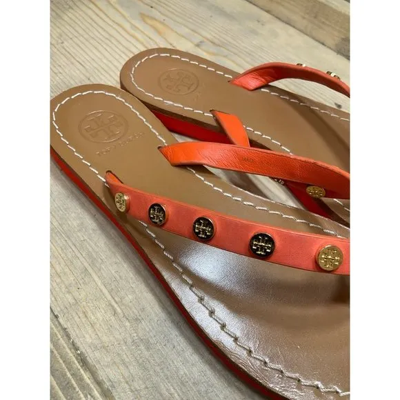 TORY Burch Sandals Womens US6 6.5 Orange Suede Thong Flip Flops Slip On Casual F