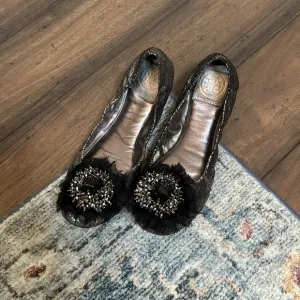 Tory Burch silver and black metallic bow leather flats size 8