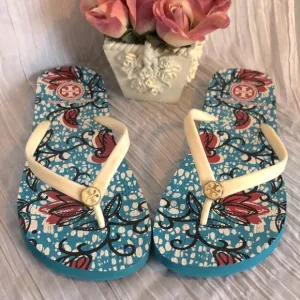 TORY BURCH sz 9 casual thong flip flops sandals in teal red black floral pattern