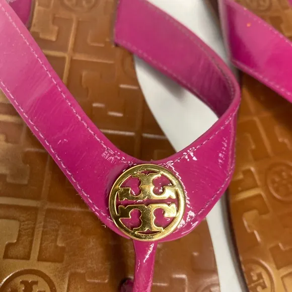 Tory Burch Thora Logo Flip Flops Sandals Shoes Womens Size 8 Pink Gold Leather