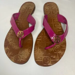Tory Burch Thora Logo Flip Flops Sandals Shoes Womens Size 8 Pink Gold Leather