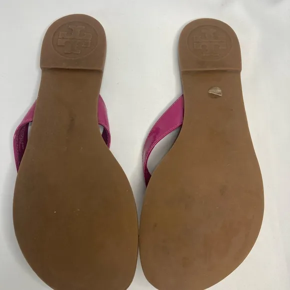 Tory Burch Thora Logo Flip Flops Sandals Shoes Womens Size 8 Pink Gold Leather