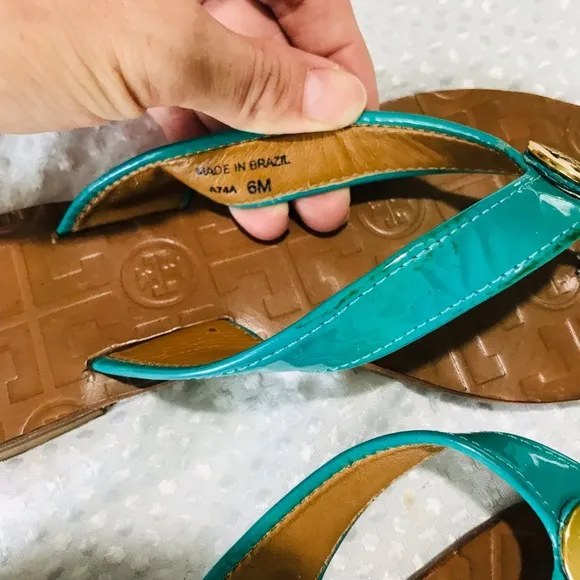 Tory Burch THORA Patent Flip Flops Sandals Shoes-turquoise Aqua  Lizard