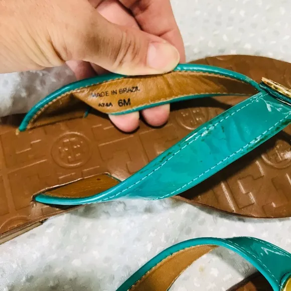 Tory Burch THORA Patent Flip Flops Sandals Shoes-turquoise Aqua  Lizard