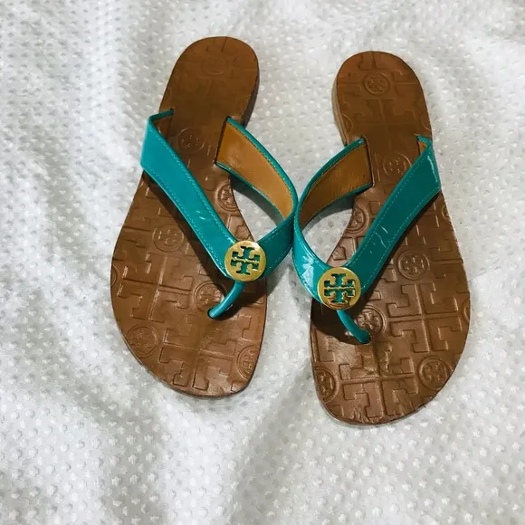 Tory Burch THORA Patent Flip Flops Sandals Shoes-turquoise Aqua  Lizard