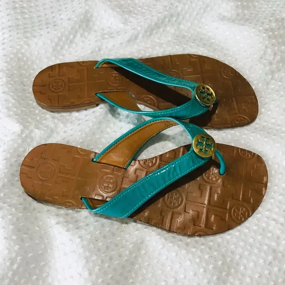 Tory Burch THORA Patent Flip Flops Sandals Shoes-turquoise Aqua  Lizard