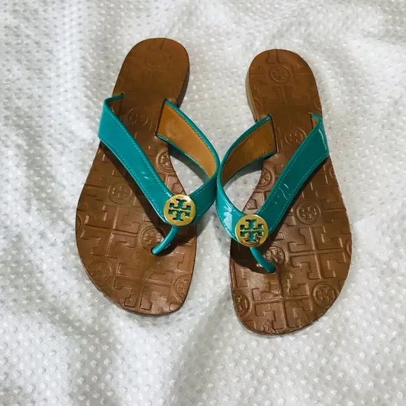 Tory Burch THORA Patent Flip Flops Sandals Shoes-turquoise Aqua  Lizard