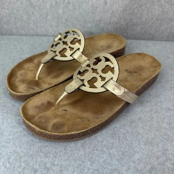 Tory Burch Miller Cloud Metallic Goat Leather Cork Sandals Size 9 Flip Flops