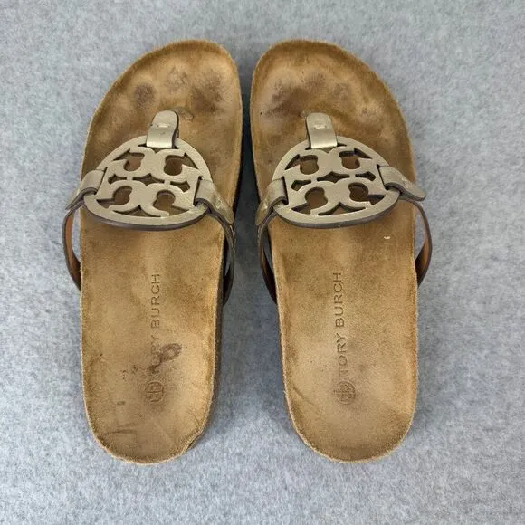 Tory Burch Miller Cloud Metallic Goat Leather Cork Sandals Size 9 Flip Flops