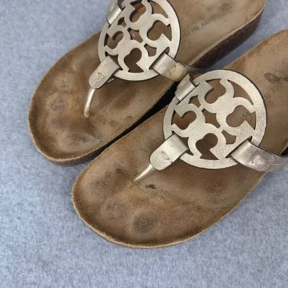 Tory Burch Miller Cloud Metallic Goat Leather Cork Sandals Size 9 Flip Flops