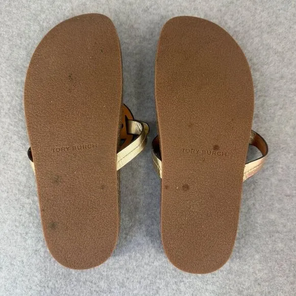 Tory Burch Miller Cloud Metallic Goat Leather Cork Sandals Size 9 Flip Flops