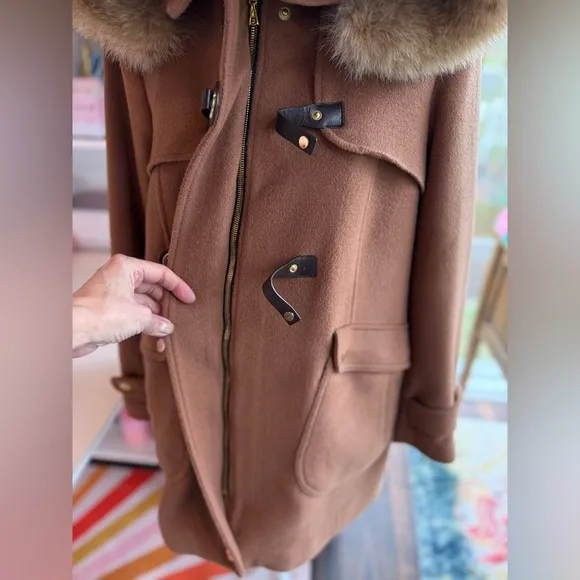 Trina Turk Wool Coat Size 6 Elizabeth Toggle Closure Coyote Fur Hood Camel Brown