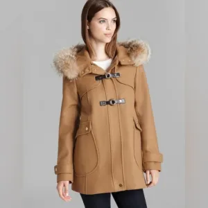 Trina Turk Wool Coat Size 6 Elizabeth Toggle Closure Coyote Fur Hood Camel Brown