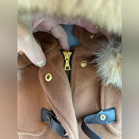Trina Turk Wool Coat Size 6 Elizabeth Toggle Closure Coyote Fur Hood Camel Brown