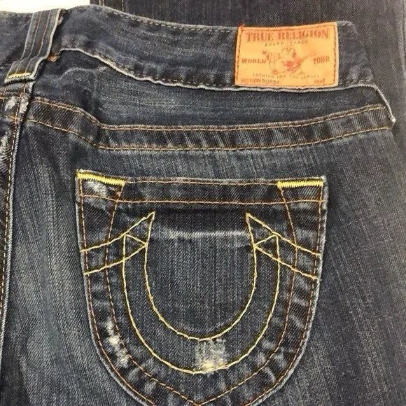 TRUE RELIGION BOBBY FIVE POCKET FLARED LEG DISTRESSED JEANS BLUE SIZE 28