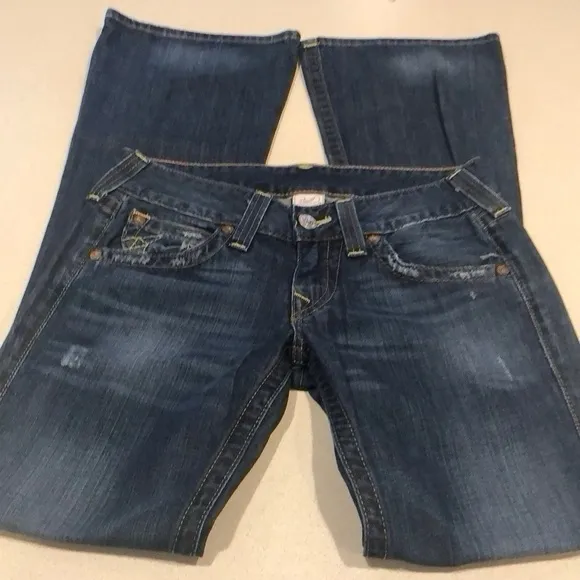 TRUE RELIGION BOBBY FIVE POCKET FLARED LEG DISTRESSED JEANS BLUE SIZE 28