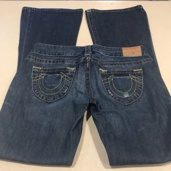 TRUE RELIGION BOBBY FIVE POCKET FLARED LEG DISTRESSED JEANS BLUE SIZE 28