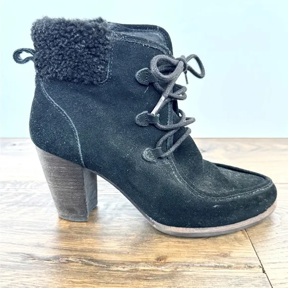 UGG Australia Analise Black Suede Ankle Booties Chunky Heel Lace Up Sheepskin 7