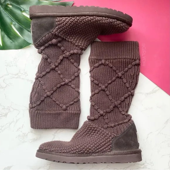 UGG Brown Argyle Sweater Knit Sock Boots 7
