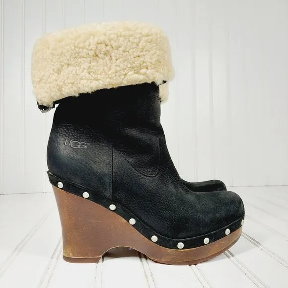 UGG Carnagie Black Leather Sheepskin 1001317 Studs Wedge Boots H568