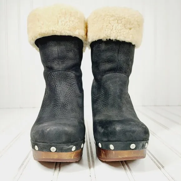 UGG Carnagie Black Leather Sheepskin 1001317 Studs Wedge Boots H568