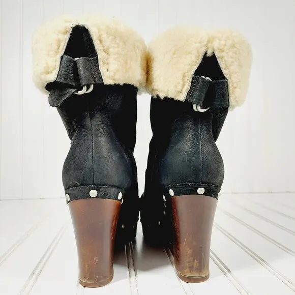 UGG Carnagie Black Leather Sheepskin 1001317 Studs Wedge Boots H568