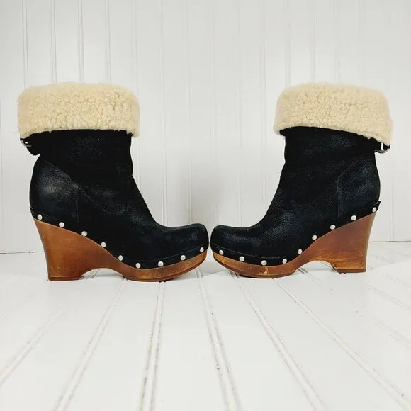 UGG Carnagie Black Leather Sheepskin 1001317 Studs Wedge Boots H568