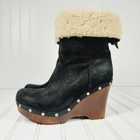 UGG Carnagie Black Leather Sheepskin 1001317 Studs Wedge Boots H568