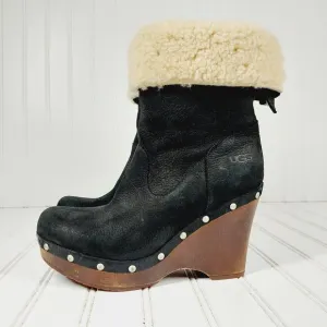 UGG Carnagie Black Leather Sheepskin 1001317 Studs Wedge Boots H568