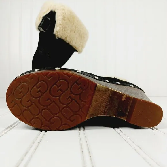 UGG Carnagie Black Leather Sheepskin 1001317 Studs Wedge Boots H568