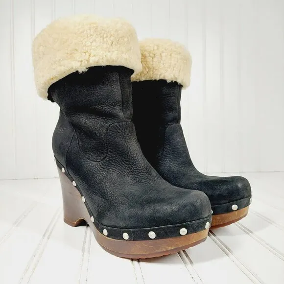 UGG Carnagie Black Leather Sheepskin 1001317 Studs Wedge Boots H568