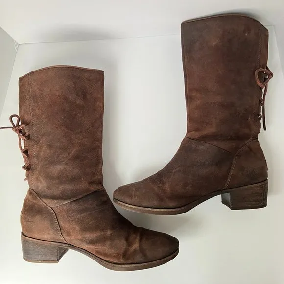 UGG Cary Brown Distressed Leather Lace Back Women's Bohemian Boots Size 10